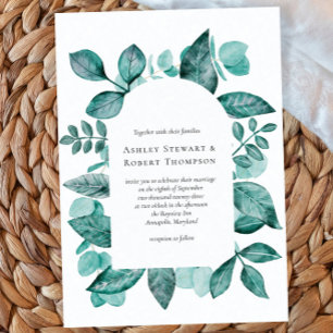 Elegant Teal Greenery Watercolor Modern Wedding Invitation