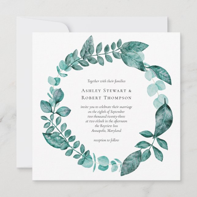 Elegant Teal Greenery Watercolor Modern Wedding Invitation (Front)