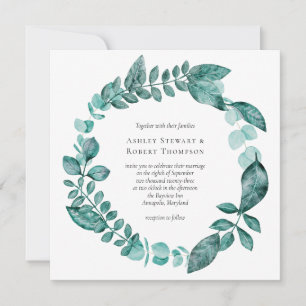 Elegant Teal Greenery Watercolor Modern Wedding Invitation