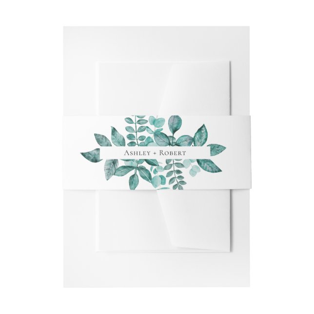 Elegant Teal Greenery Watercolor Modern Wedding Invitation Belly Band (Front Example)