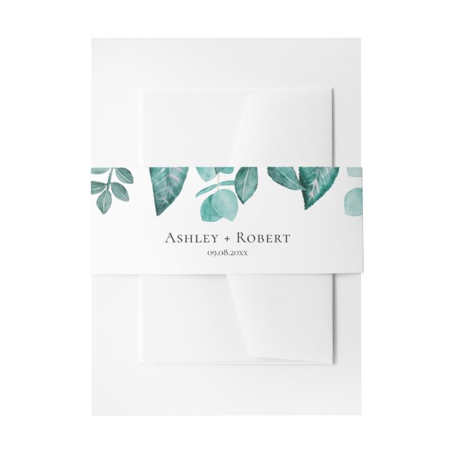 Elegant Teal Greenery Watercolor Modern Wedding Invitation Belly Band (Front Example)