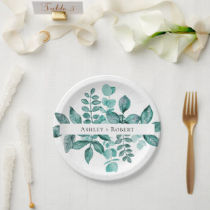 Elegant Teal Greenery Watercolor Modern Wedding Paper Plate