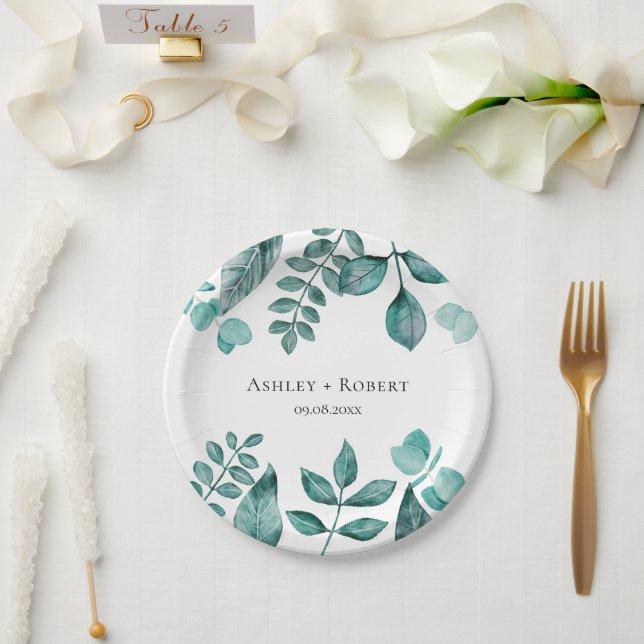 Elegant Teal Greenery Watercolor Modern Wedding Paper Plate (Wedding)