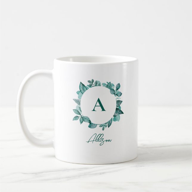 Elegant Teal Greenery Watercolor Monogram Coffee Mug (Left)
