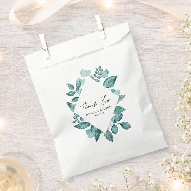 Elegant Teal Greenery Watercolor Wedding Favour Bags (Clipped)