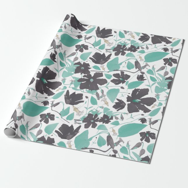Elegant Teal Grey Brown Clematis Floral Pattern Wrapping Paper (Unrolled)