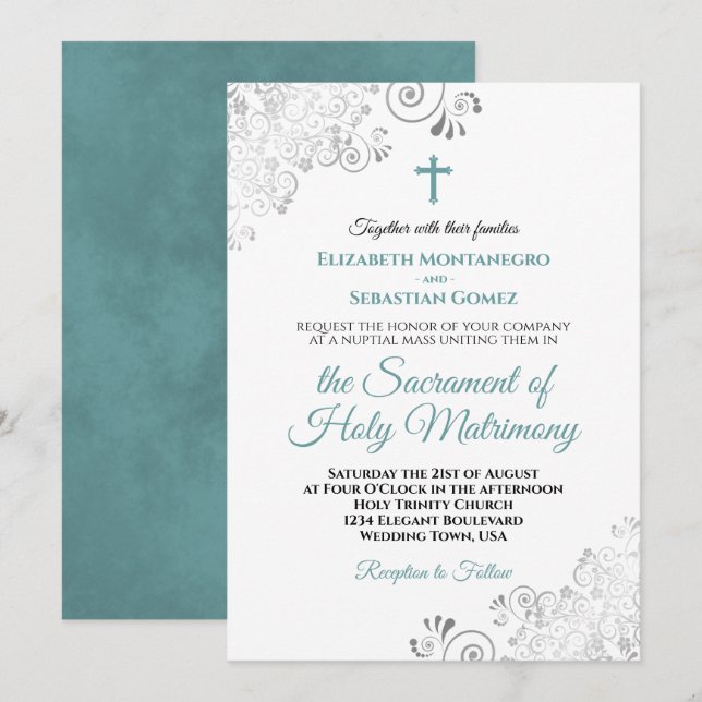 Elegant Teal & Grey Frills Modern Catholic Wedding Invitation (Front/Back)