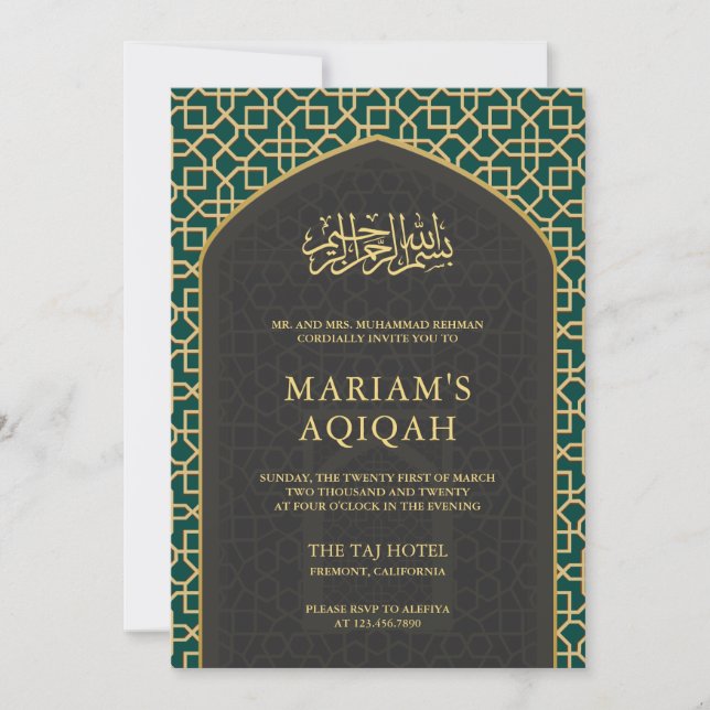 Elegant Teal Grey Gold Islamic Mihrab Aqiqah Invitation (Front)