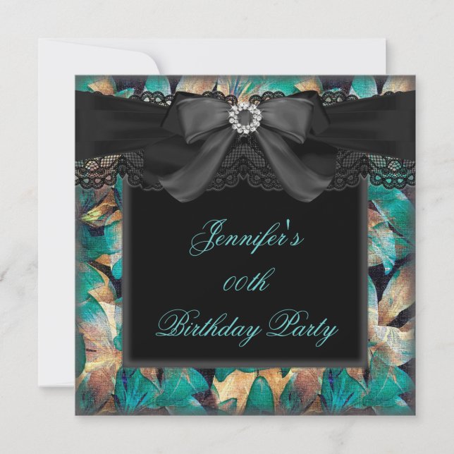 Elegant Teal Jade Floral Black Lace Birthday Party Invitation (Front)