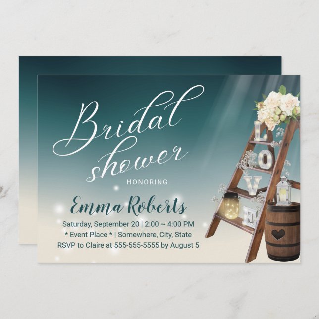 Elegant Teal Ladder & Wine Barrel Bridal Shower  Invitation (Front/Back)