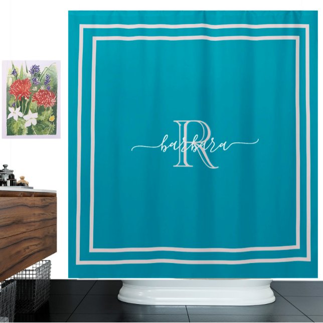 Elegant Teal Lavender Name with  Unique Monogram Shower Curtain (Creator Uploaded)