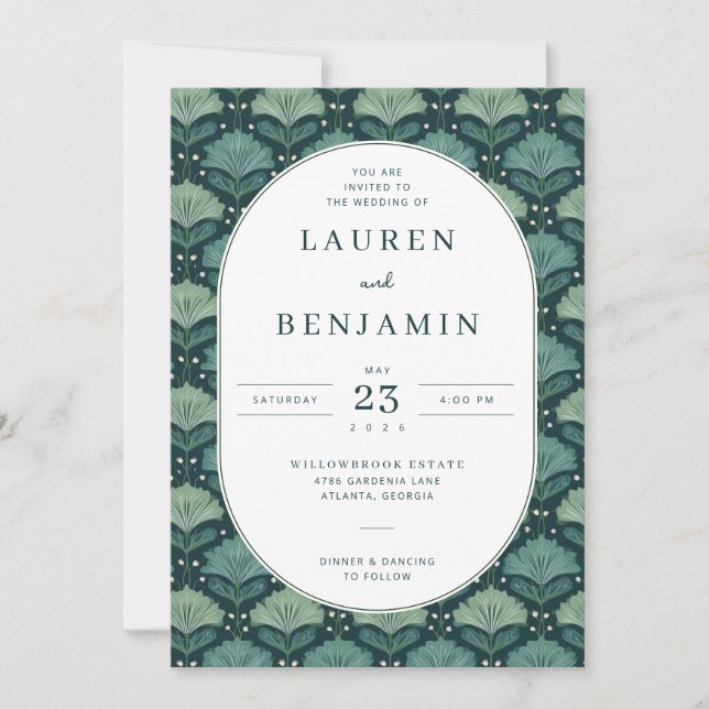 Elegant Teal Leaf Motive Invitation (Front)