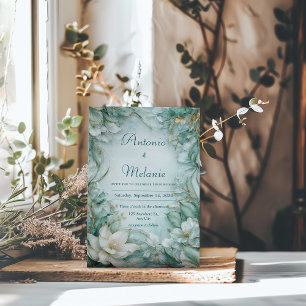 Elegant Teal Lotus Floral Wedding Invitation