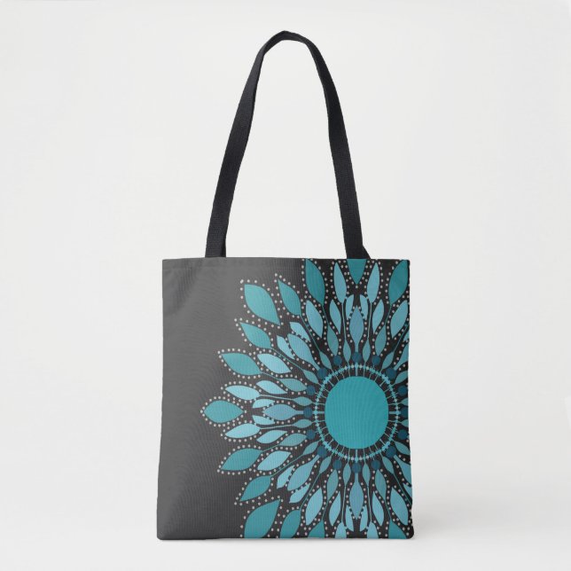 Elegant Teal Lotus Flower Mandala Tote Bag (Front)