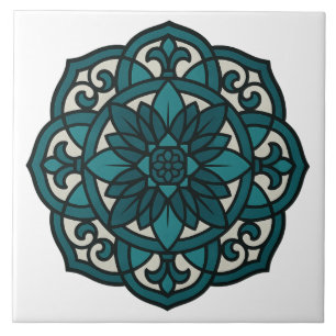 Elegant Teal Mandala Stained Glass  Tile