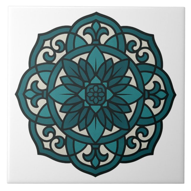 Elegant Teal Mandala Stained Glass  Tile (Front)