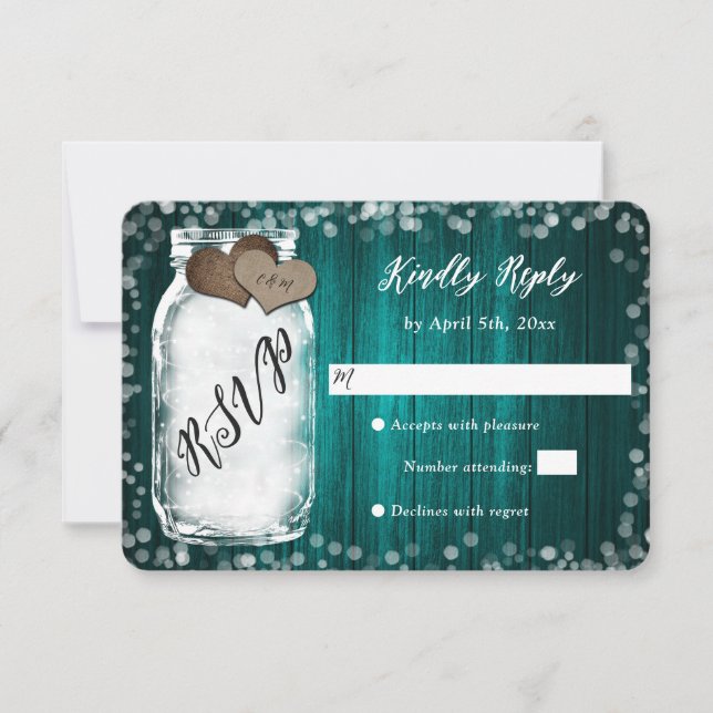 Elegant Teal Mason Jar Wood Wedding RSVP Card (Front)