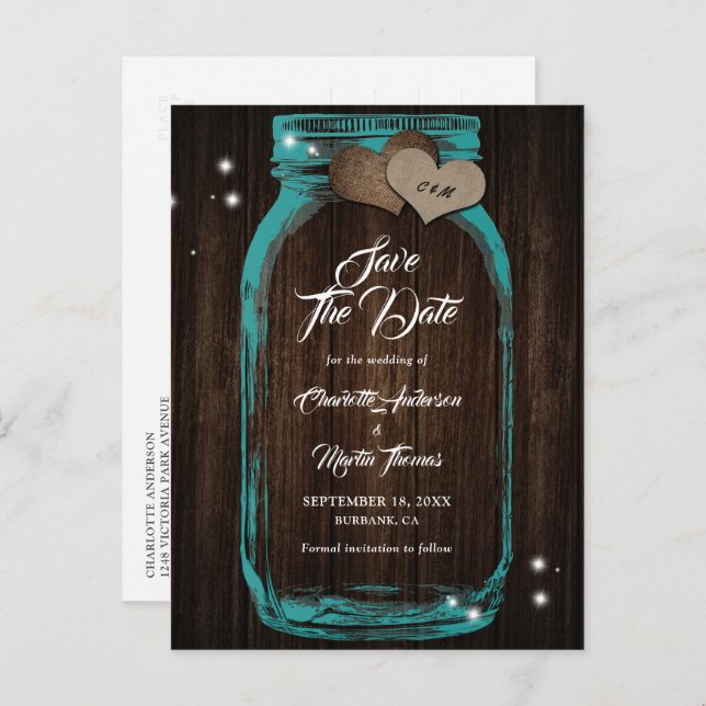 Elegant Teal Mason Jar Wood Wedding Save The Date Announcement Postcard (Front/Back)