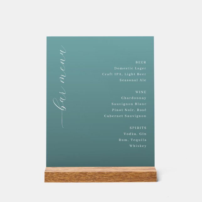 Elegant Teal Minimalist Bar Menu Acrylic Sign (Front)