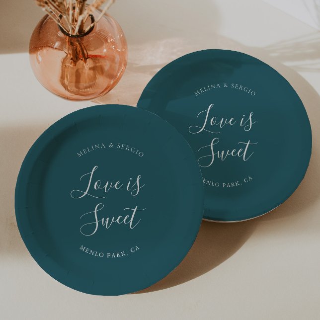 Elegant Teal Minimalist Calligraphy Wedding  Paper Plate (Creator Uploaded)
