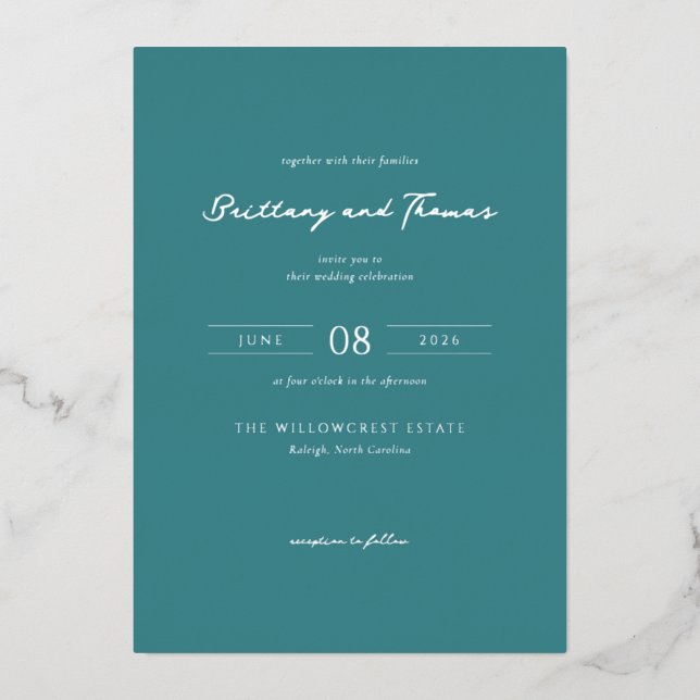 Elegant Teal Minimalist Wedding Invitation (Front)