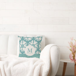 Elegant Teal Monogram Christmas Star Cushion