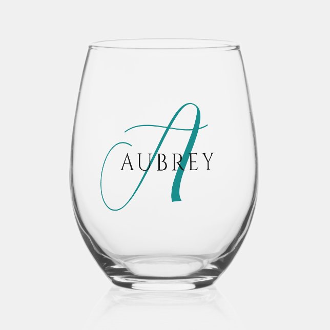 Elegant Teal Monogram Drinkware Set Stemless Wine Glass (Front)