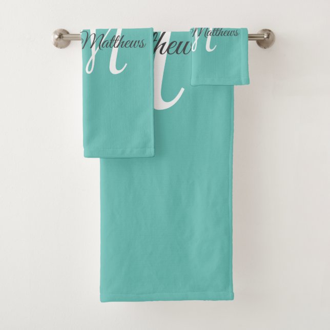 Elegant Teal Monogram Initial Bath Towel Set (Insitu)