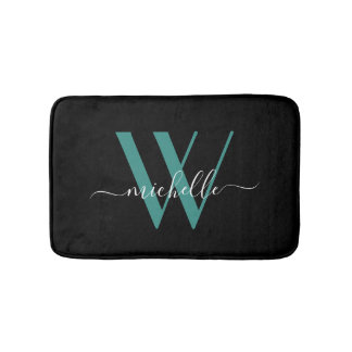 Elegant Teal Monogram Initial Name Script Girly Bath Mat