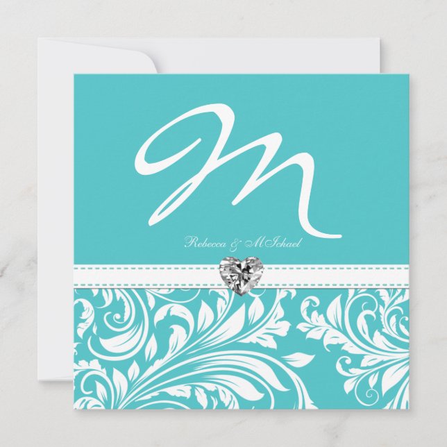 Elegant Teal Monogram Wedding Invites with Diamond (Front)