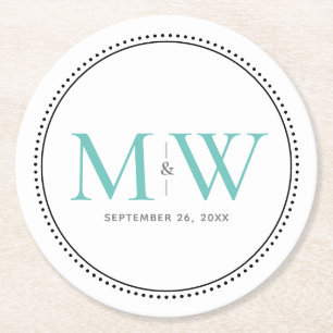 Elegant Teal Monogram Wedding Round Paper Coaster