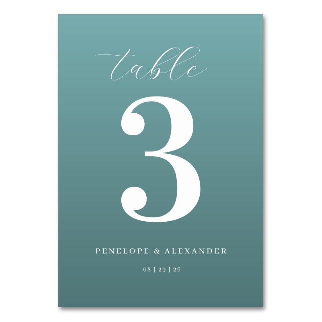 Elegant Teal Number Three Table Number (Front)