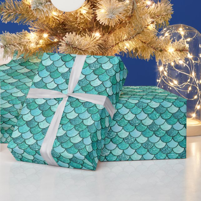 Elegant Teal Ombre Glitter Mermaid Scales Wrapping Paper (Holidays)