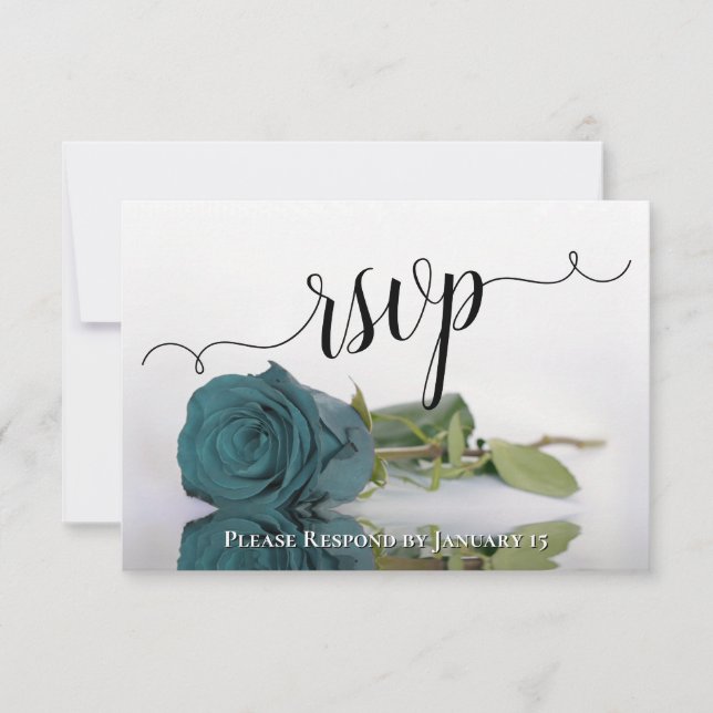 Elegant Teal or Turquoise Reflecting Rose Wedding RSVP Card (Front)