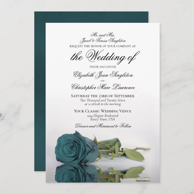 Elegant Teal or Turquoise Rose Formal Wedding Invitation (Front/Back)