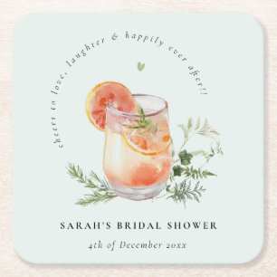 Elegant Teal Orange Green Cocktail Bridal Shower Square Paper Coaster