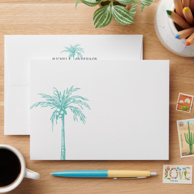 Elegant Teal Palm Tree Return Address Envelope (Desk)