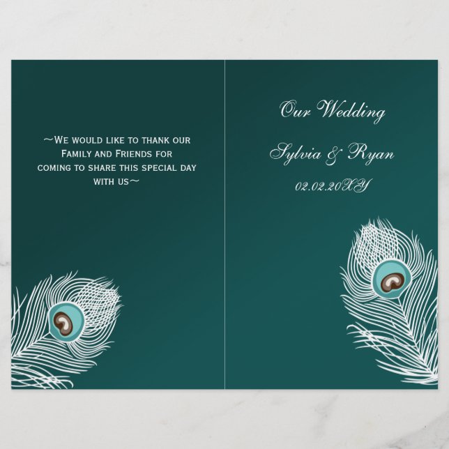 Elegant teal peacock folded Wedding program (Front)