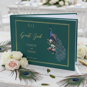 Elegant Teal Peacock Photo Wedding Guest Book