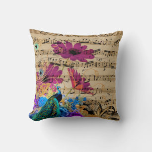 Elegant Teal Peacock Purple Floral Sheet Music Cushion