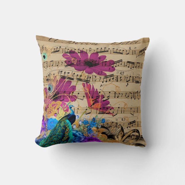 Elegant Teal Peacock Purple Floral Sheet Music Cushion (Front)