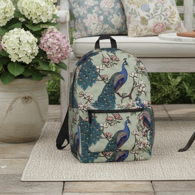Elegant Teal Peacocks & Magnolia Flowers Green Printed Backpack (Chic Blue & Teal Peacock in Magnolia Tree with Flowers on Sage Green. Elegant Floral Pattern for Her)