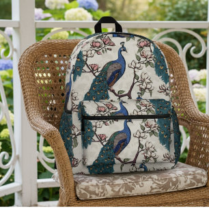 Elegant Teal Peacocks & Magnolia Flowers Ivory Printed Backpack