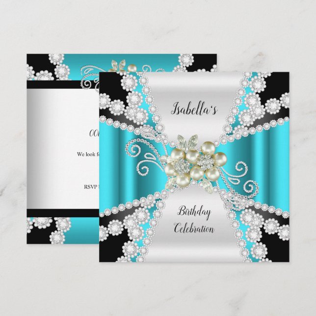 Elegant Teal Pearl Black White Diamond Birthday Invitation (Front/Back)