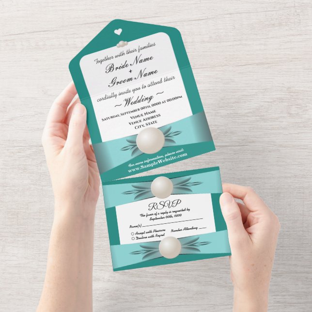 Elegant Teal Pearl Ribbon Wedding & RSVP All In One Invitation (Tearaway)