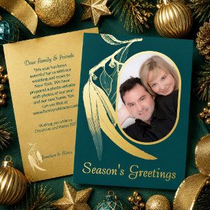 Elegant Teal Photo Eucalyptus Art Christmas Gold Foil Holiday Card