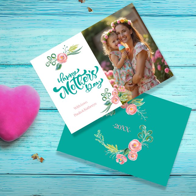 Elegant Teal & Pink Floral Mother’s Day with Photo Holiday Card (Elegant Teal & Pink Floral Mother’s Day with Photo Holiday Card)