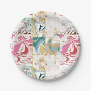 Elegant Teal & Pink Retro Marble Fluid Art Mosaic Paper Plate