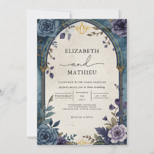 Elegant Teal Purple Botanical Floral Wedding Invitation