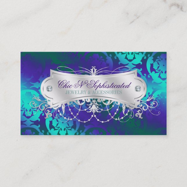 Elegant Teal Purple Damask Swirl Business Card (Front)